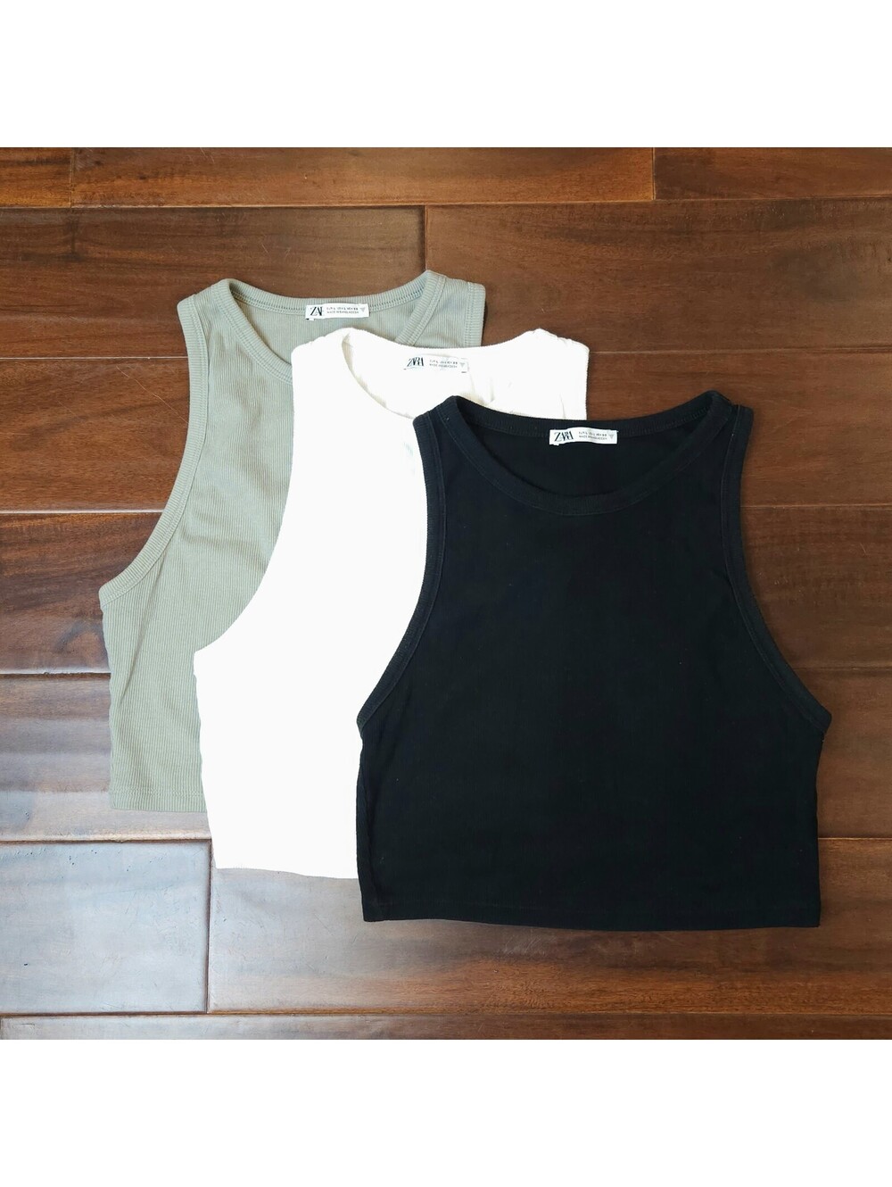 Set Of 3 Zara Ribbed Knit Racerback Crop Tank Womens Large Cotton Blend Basic